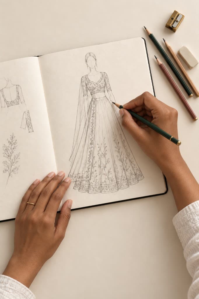 Sketching a custom lehenga during a design consultation